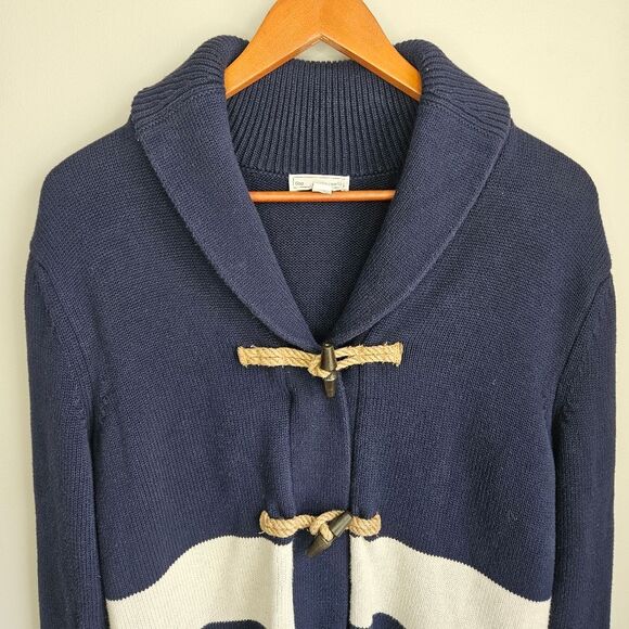 GAP Toggle Shawl Collar Cardigan Men's Small Nautical Navy Rustic Preppy Striped - Picture 2 of 7
